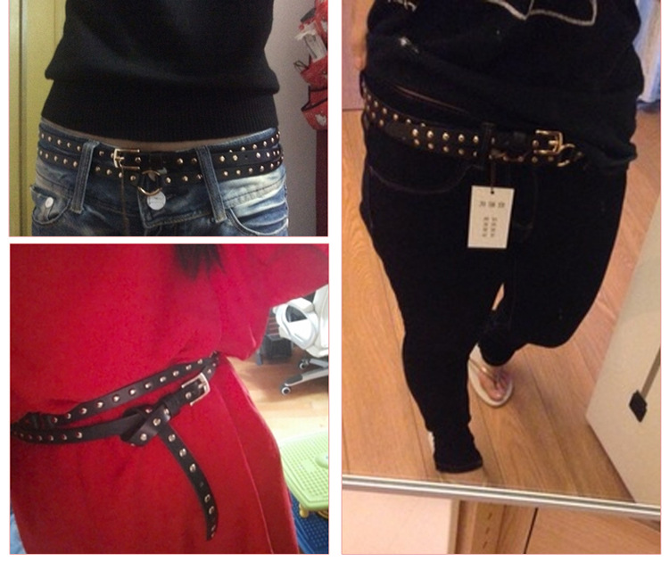 Comercio exterior europa y américa moda punk negro extra largo alrededor de dos anillos de remaches mujeres cintura fina cinturón de estilo fino de las mujeres pic 8
