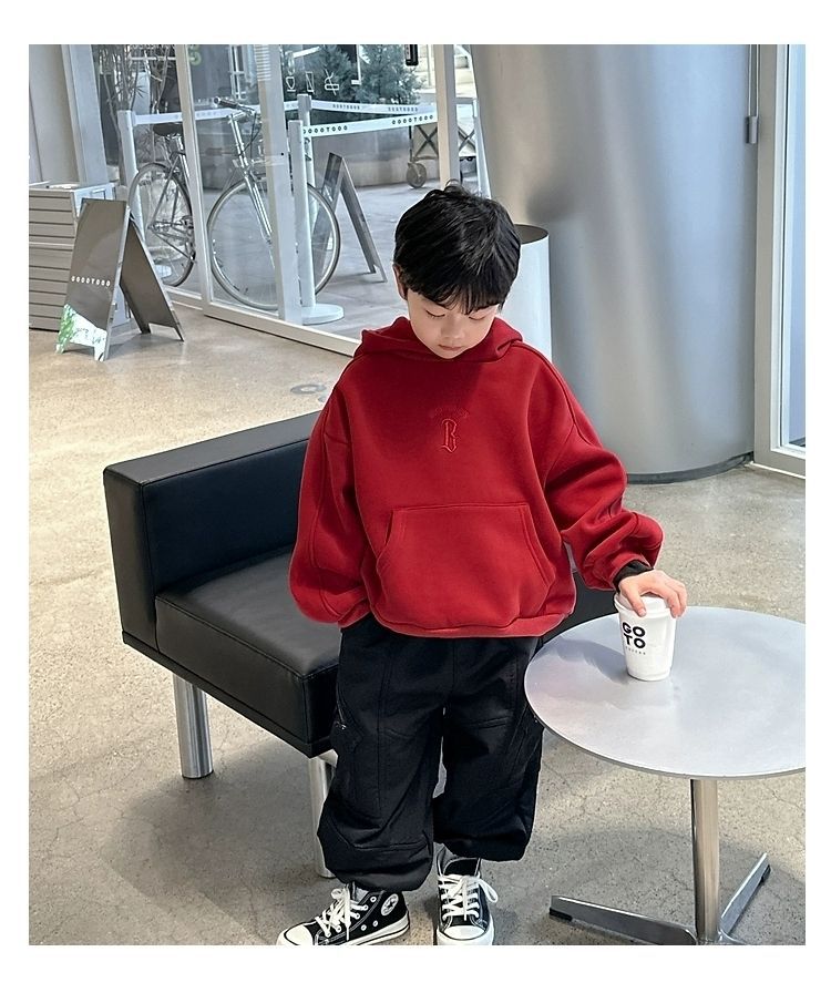 儿童字母刺绣加绒加厚新年红色连帽套头卫衣冬韩版男女童宽松上衣详情22