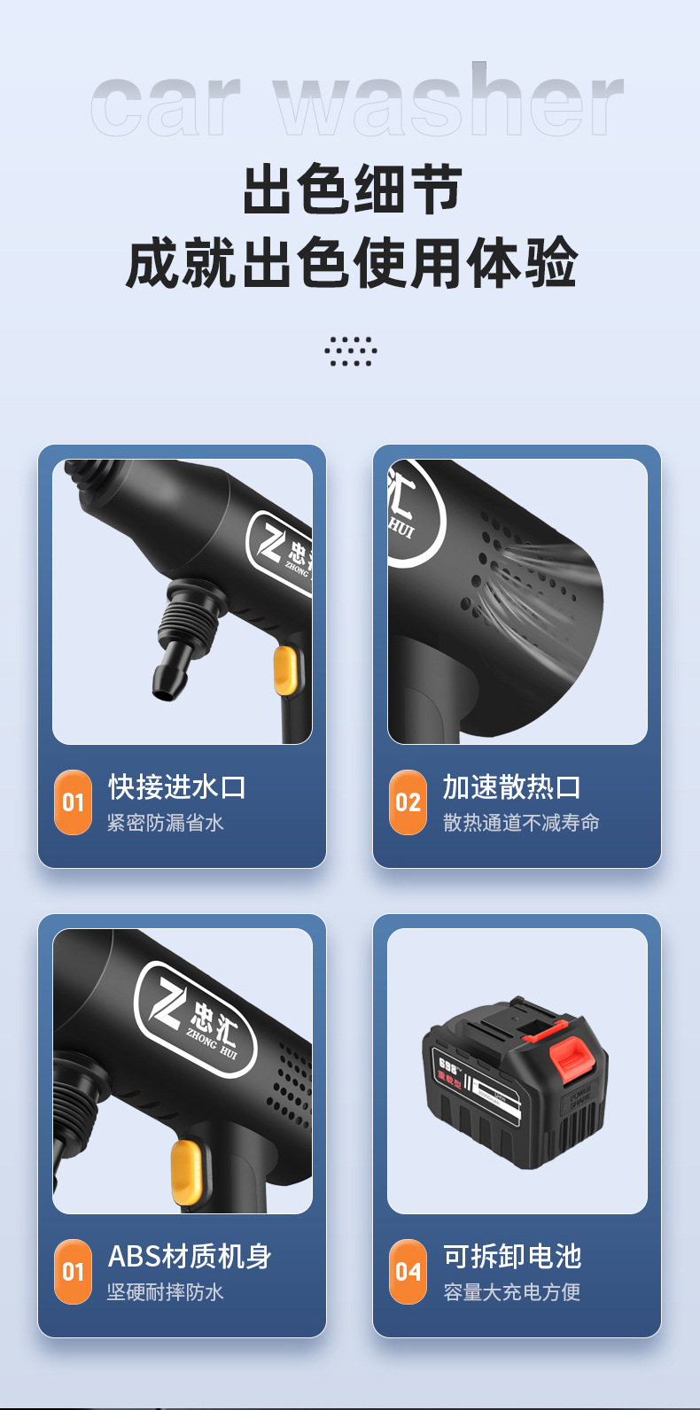 家用洗车水枪电动洗车机锂电无线充电洗车水枪高压水枪神器全套装详情6