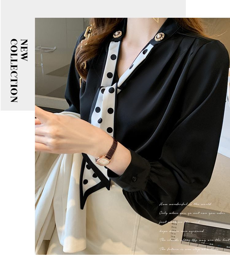 衬衫女2024秋季新款时尚气质韩版V领波点蝴蝶结系带减龄长袖上衣详情30