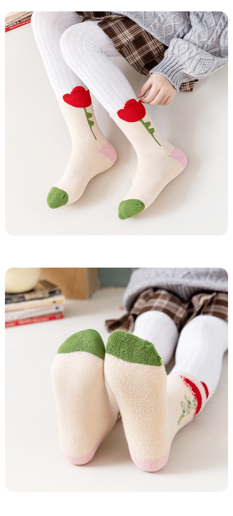 秋冬毛圈加厚儿童袜子全精梳棉 宝宝毛巾袜中筒可爱卡通黑白袜子详情11