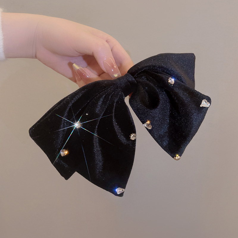 Korean elegant velvet double-layer bow spring water back hair clip, stylish top clip water diamond embellished hair clip pic 17