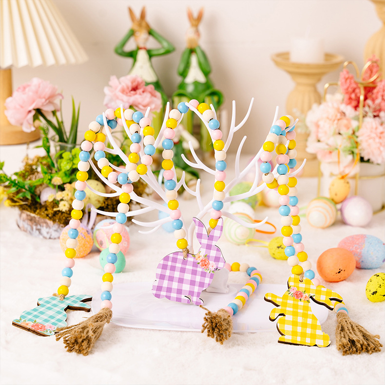 New cross-border Easter decorative items: Easter bead strings, checkered printed rabbits, wooden pendants, and colorful beads pic 1