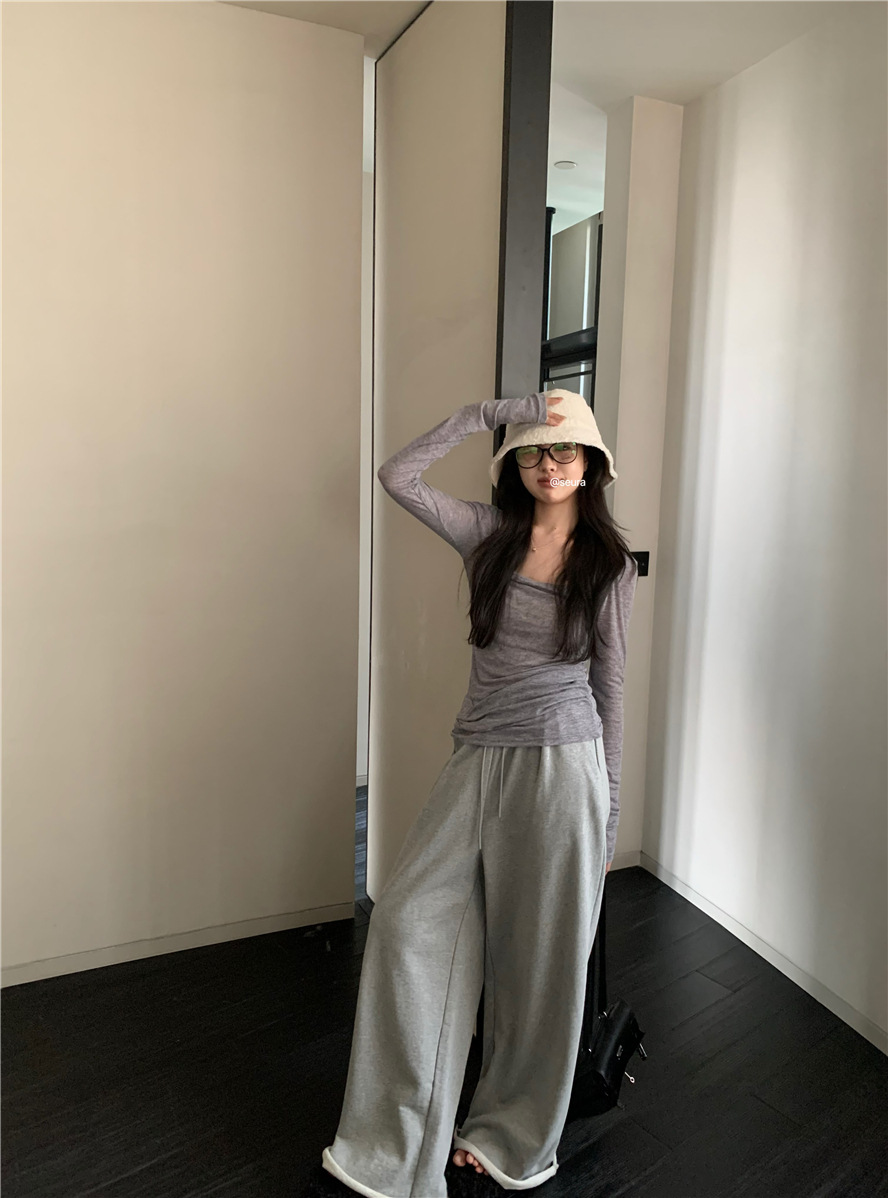 基础款纯色简约百搭舒适慵懒风薄款上衣U领打底衫内搭长袖t恤女详情6