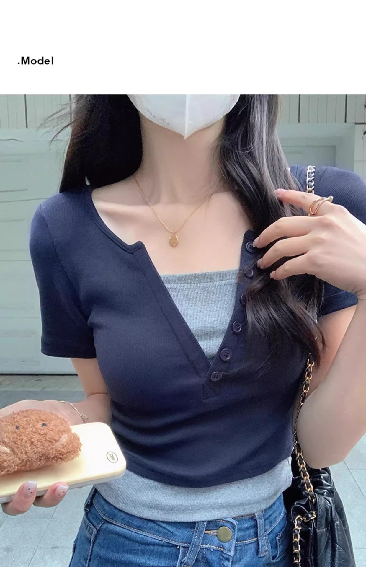 Pink V-neck off-the-shoulder T-shirt for women, short sleeve, new spring and summer style, two-piece design, slim and short, pure and sensual pic 27