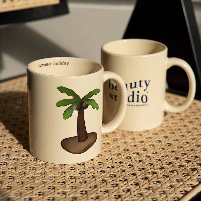 Creative InS-style original Korean cream yellow mug, beige ceramic cup, large-capacity coffee cup pic 9