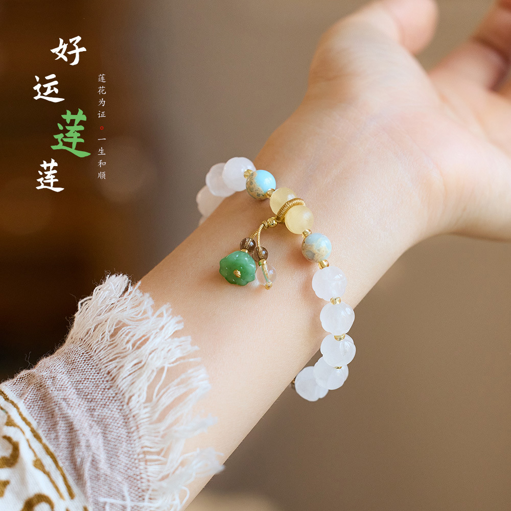 Temple bestseller Natural golden thread jade lotus bracelet, Good Luck Lotus Lotus Bag, bulging ancient-style jade bracelet wholesale pic 13