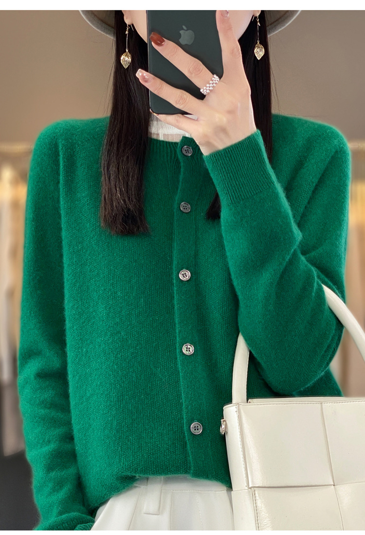 爆款批发秋冬季新款纯羊毛桂花针开衫宽松大码圆领羊毛衫详情20