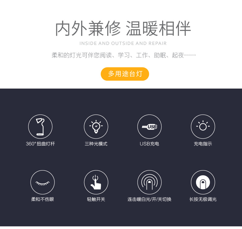 Modern Nordic folding USB charging LED table lamp, eye-protecting and learning three-tone light intelligent adjustment home bedside lamp pic 12