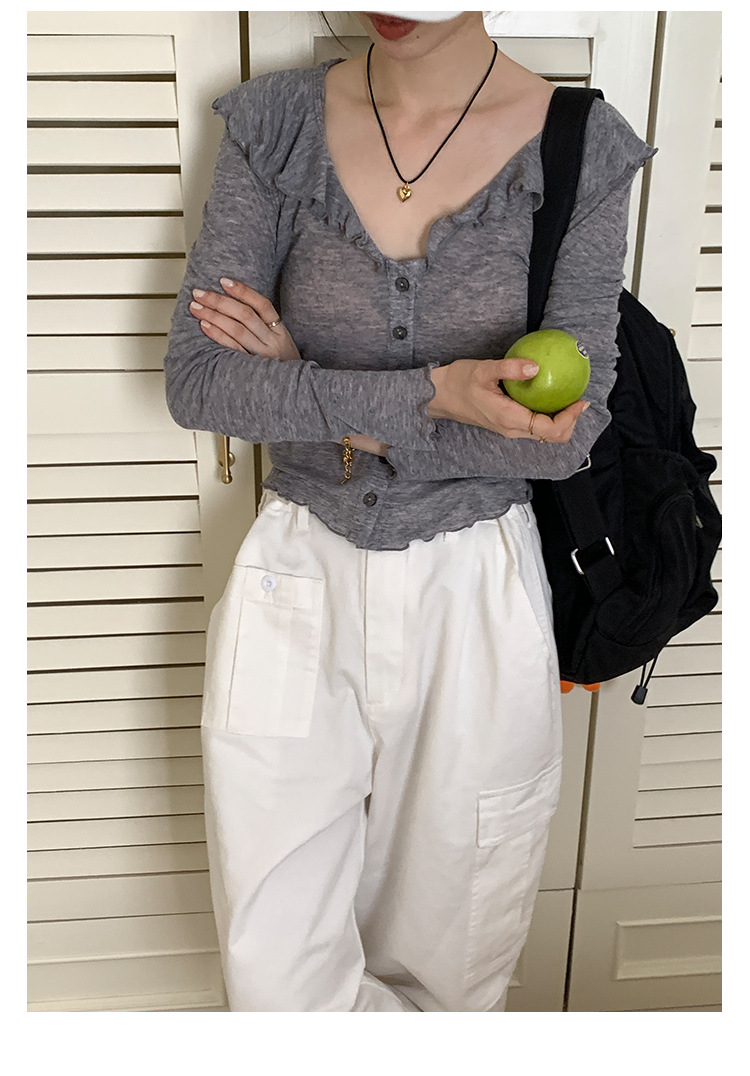 【法式别致的】木耳边V领T恤女2023秋季新款休闲百搭长袖开衫上衣详情18