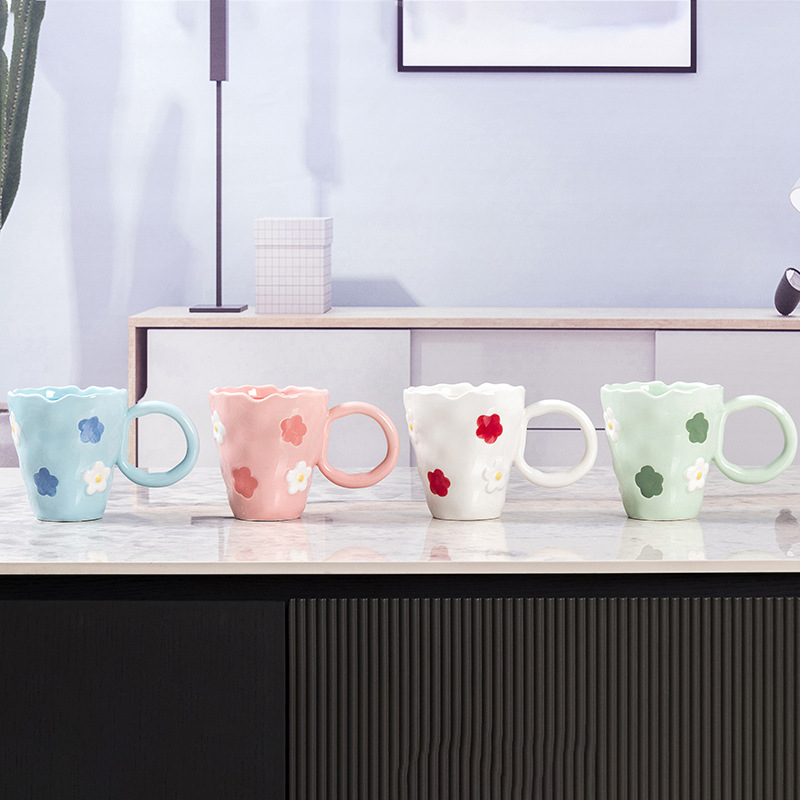 Internet-famous ceramic cups, girlish flower mugs, high appearance level drinking cups, breakfast cups, irregular water cups pic 9