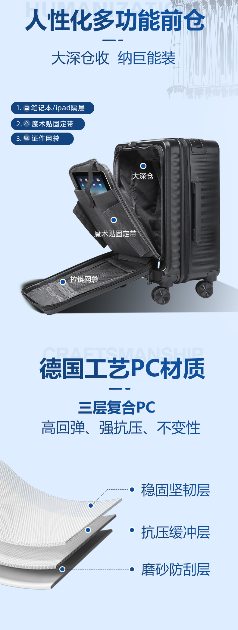 2023新款前开盖旅行箱中置宽拉杆扩容拉杆箱轻奢行李箱大容量登机详情4