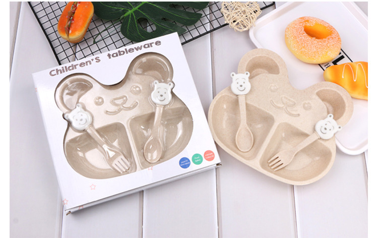 Wheat straw children's tableware, bowls, spoons, forks, bear cartoon tableware set, degradable and practical small gifts pic 12