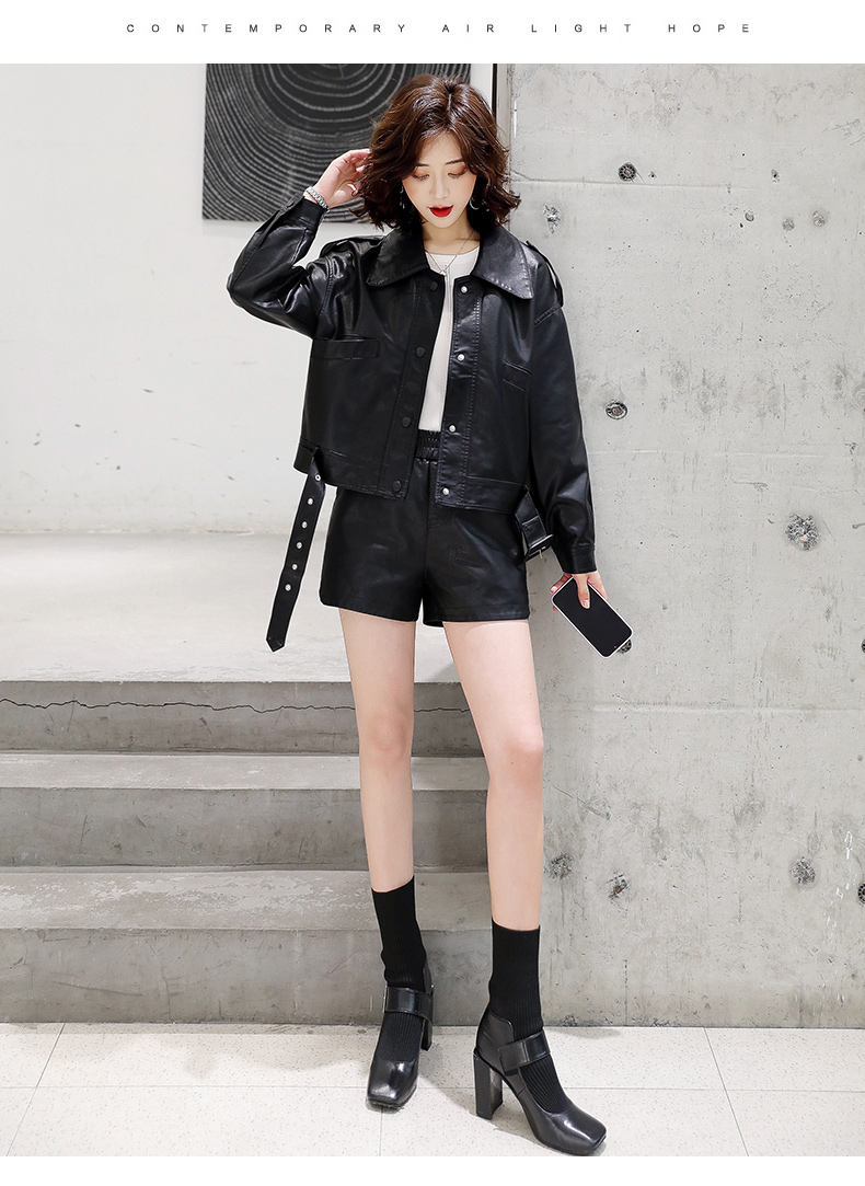 2022秋季新款女装皮拼接PU上衣短裤两件套短款皮衣休闲时尚套装详情27