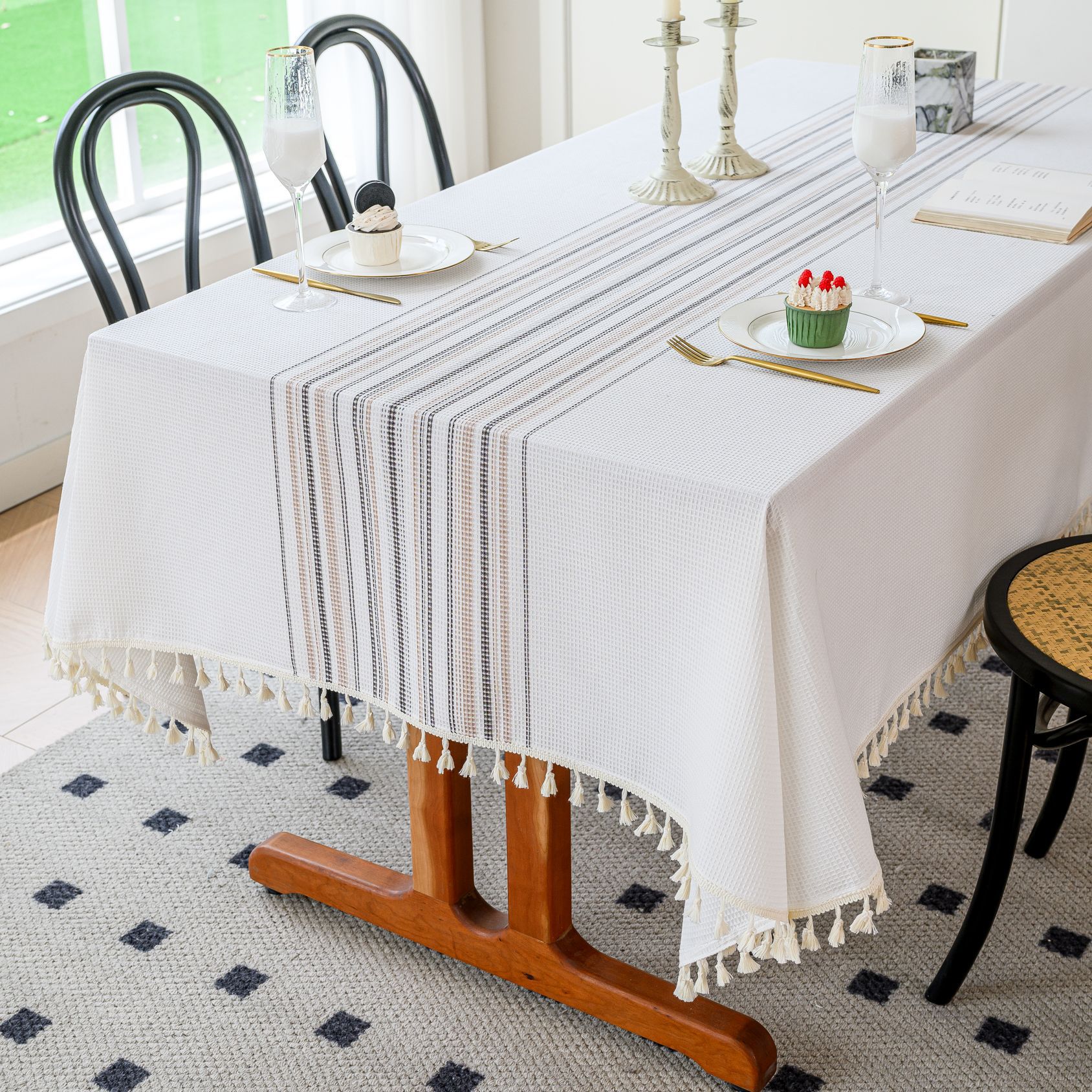 Wholesale of American-style country solid-color household rectangular table fabric, soft and breathable waffle striped coffee table cover fabric pic 51