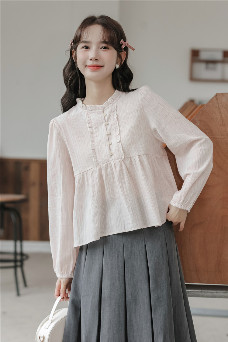 2023 Autumn new style sweet and fresh lantern sleeve lace patchwork round neck pullover long-sleeved striped doll shirt for women pic 4
