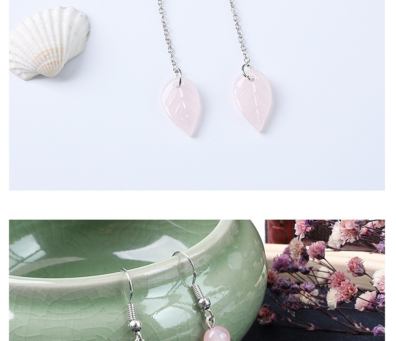 Ancient-style earrings, light pink, simple and fashionable, long tassel pendant leaf earrings, fresh and classical earrings pic 9
