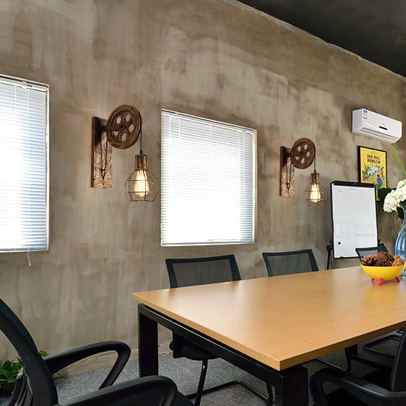 American country wall lamps, industrial style retro wall lamps, simple and creative ironwork pulley wall lamps, height-adjustable restaurant corridor lights pic 11