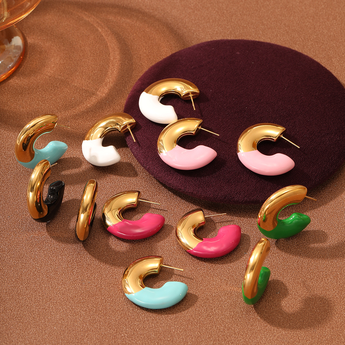 夏季彩色滴油钛钢耳环简约设计百搭轻奢高级感夏天水滴耳饰不掉色详情9