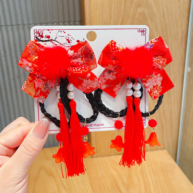 新年款红色古风流苏发夹儿童汉服发卡头饰女童复古蝴蝶结发夹发饰详情48