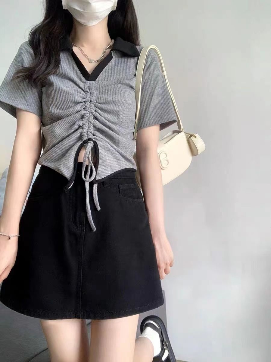 甜辣风polo领抽绳t恤套装女夏高腰包臀半身裙辣妹炸街短袖上衣ins详情3