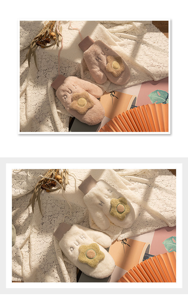Cute and warm outdoor gloves with flowers in the style of Japanese and Korean ins, thickened and fleece sunflower neck-hanging gloves for autumn and winter pic 8