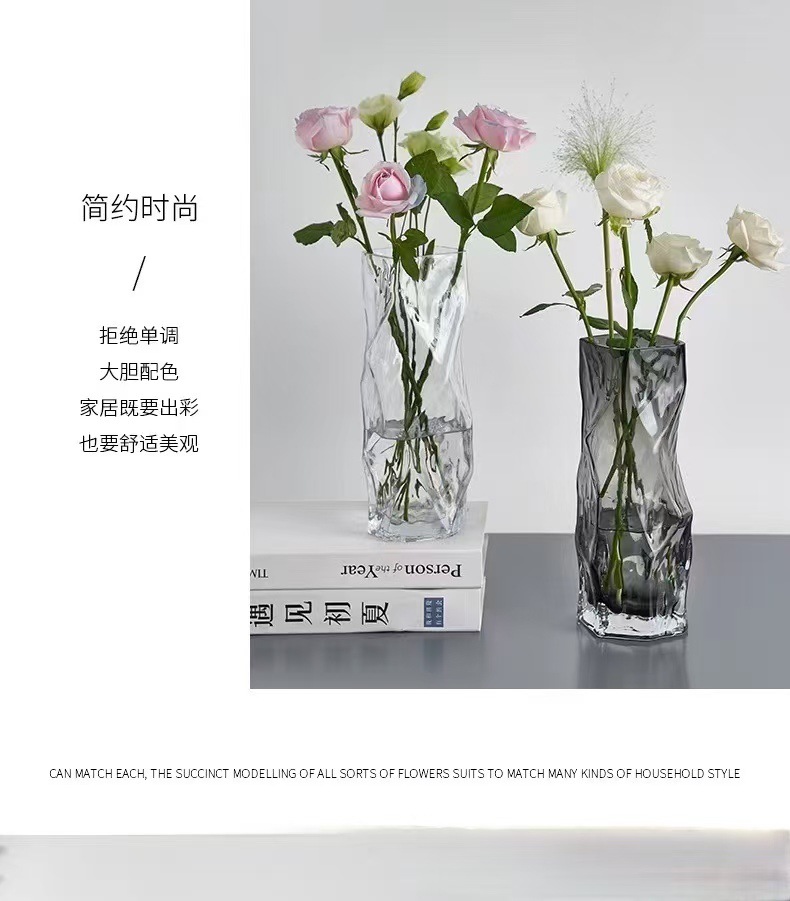 The Instagram-style geometric three-dimensional high-end diamond-shaped vase with transparent glass flower arrangement is an artistic decoration for the living room and dining table pic 2