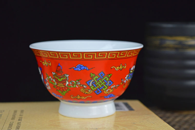 厂家供应3.6寸双龙八吉祥藏式陶瓷碗特色民族碗酥油茶碗 仿古贡碗详情7