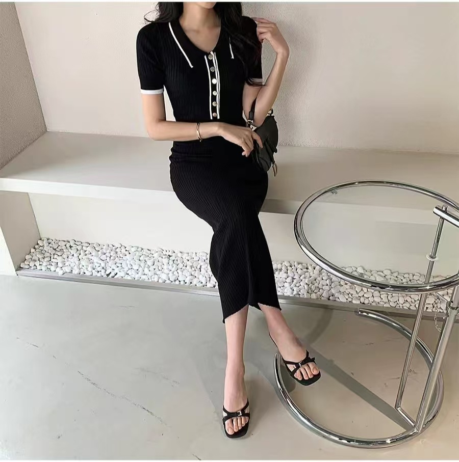 韩版chic复古纯欲风POLO领弹力修身显瘦撞色短袖针织包臀连衣裙详情3