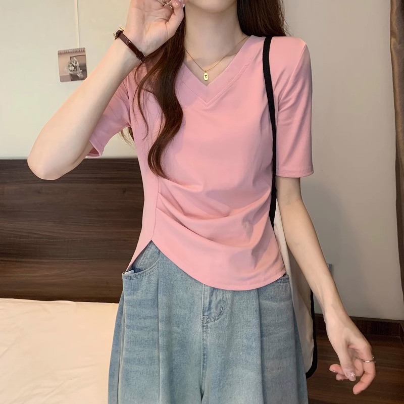 美式不规则V领棉质短袖T恤女纯色洋气小衫夏装显瘦正肩上衣详情8