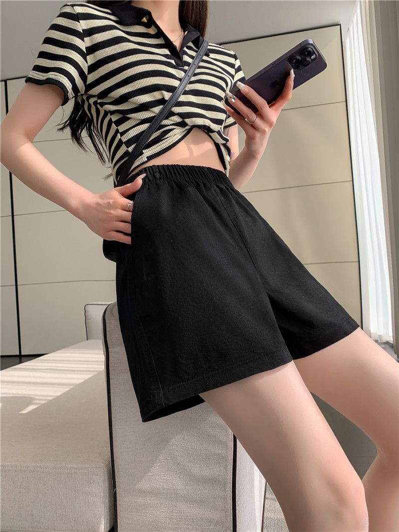 松紧高腰阔腿裤春夏日系百搭宽松显瘦休闲卡其色水洗棉短裤女夏季详情13