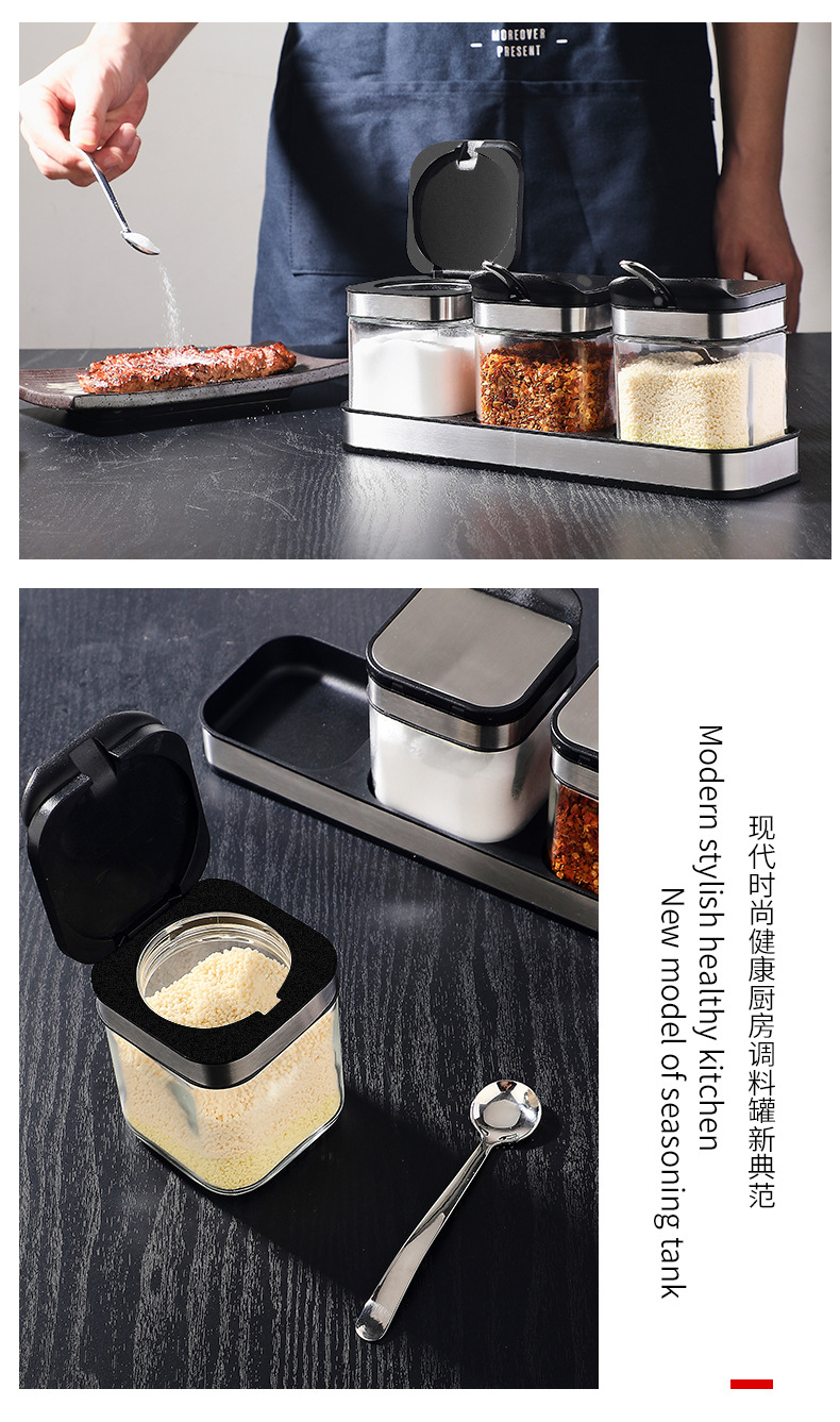 New product direct supply from the manufacturer: 304 stainless steel seasoning jar three-piece set, creative kitchenware glass seasoning box set pic 12