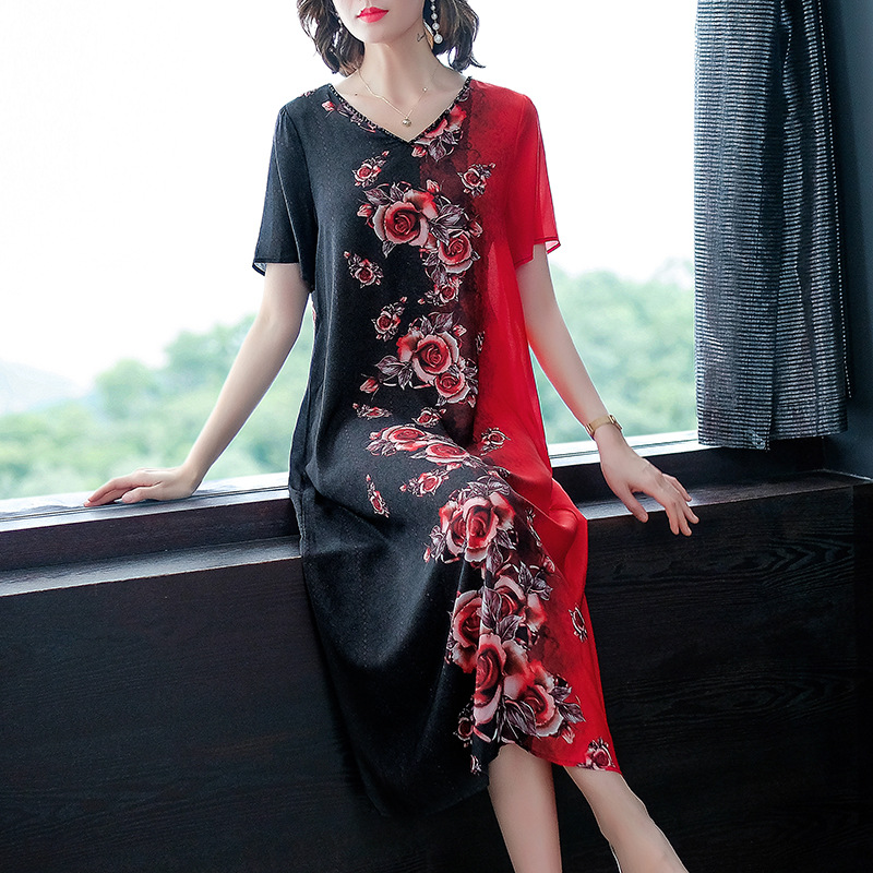 批发V领印花连衣裙女2021夏季新款阔太太大码遮肚桑蚕丝裙子潮详情1