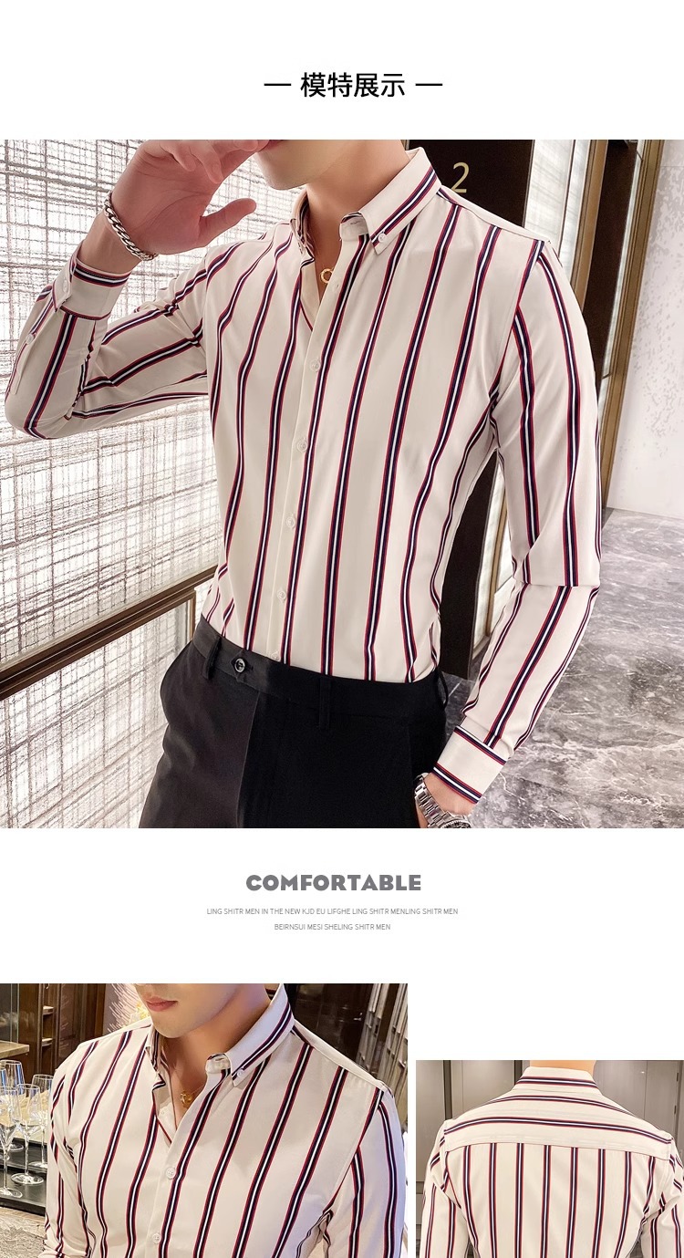 2025春季新款时尚条纹男士长袖衬衫显瘦韩版时尚修身青年帅气衬衣详情6