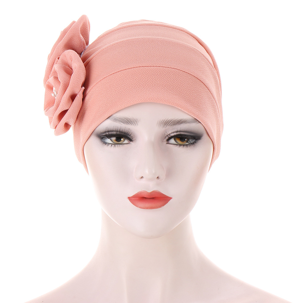 A new AliExpress style headscarf hat with two floral ribbons on the side and a flower core, a Muslim pullover hat pic 1