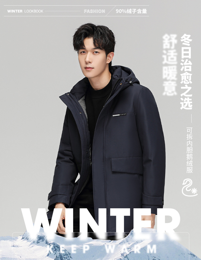 羽绒服男中长款90鹅绒潮牌外套2022冬新款商务加厚可拆内胆工装服详情1