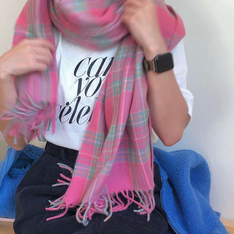 Korean style pink checkered scarf imitating cashmere winter purple scarf 2022 autumn and winter new style widened scarf shawl pic 31