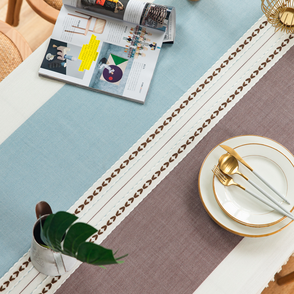 Cross-border Japanese color-blocking and color-blocking embroidered tassel tablecloths, kitchen, dining room, party, family table cover decoration, cotton and linen pic 7