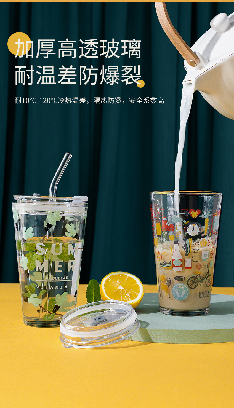 卡通印花玻璃杯带吸管饮料杯可爱办公室刻度牛奶杯创意果汁喝水杯详情4