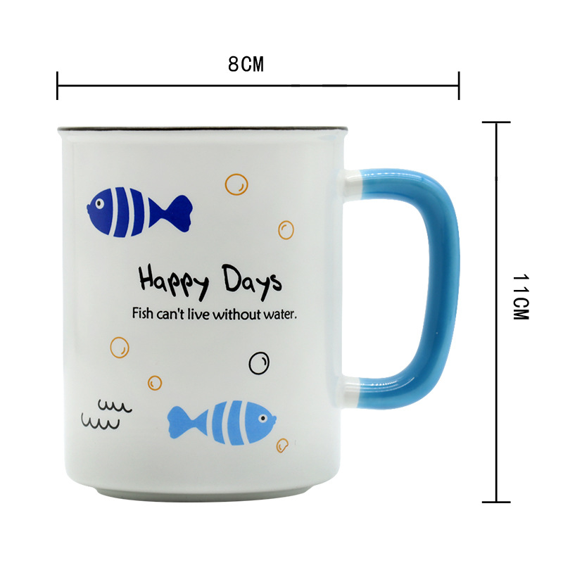 卡通陶瓷马克杯带竹盖带柄勺套装创意蓝色小鱼陶瓷杯时尚早餐杯家用办公室休闲杯个人商务礼品详情4