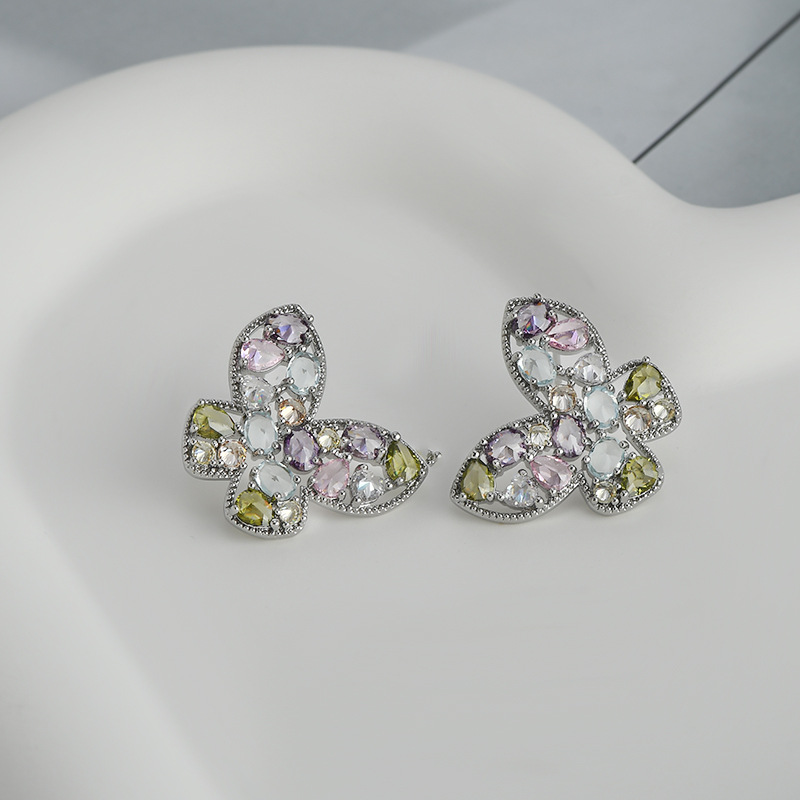 复古法式镶彩色锆石耳饰品女S925银针小众设计感蝴蝶耳钉百搭耳坠详情7