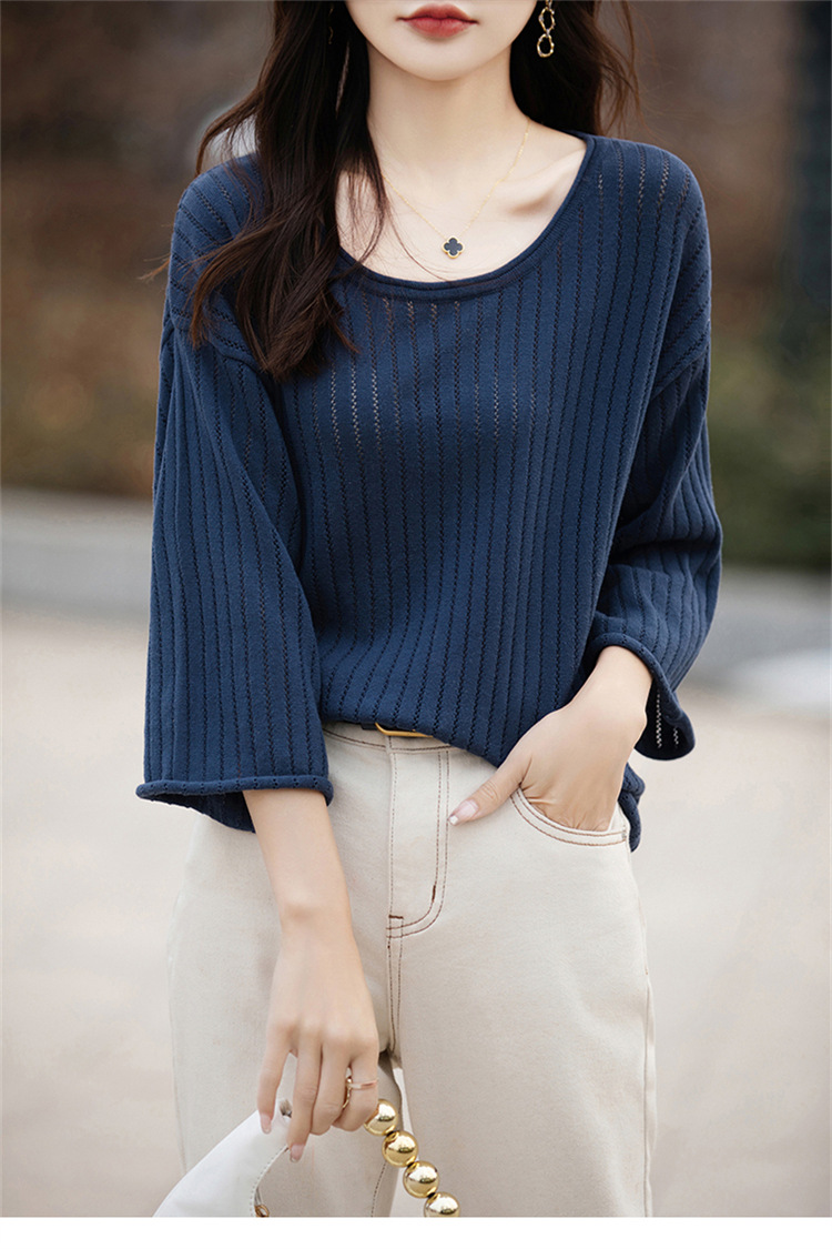 七分袖中袖夏女装纯棉镂空针织套头T恤清凉针织衫宽松版套头大码详情12