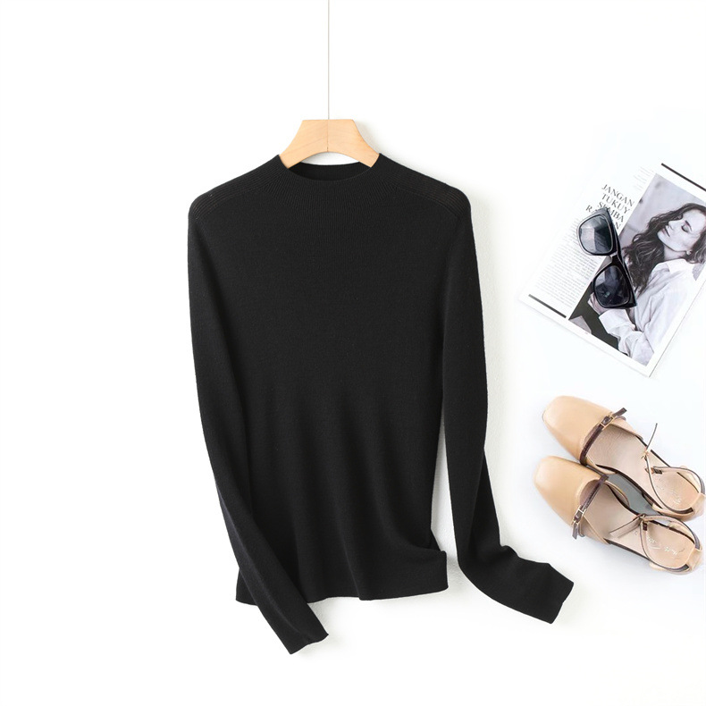 Fine-spun, machine-washable wool 100 knitted sweater design, semi-high collar, slimming, solid color autumn new wool sweater top pic 22