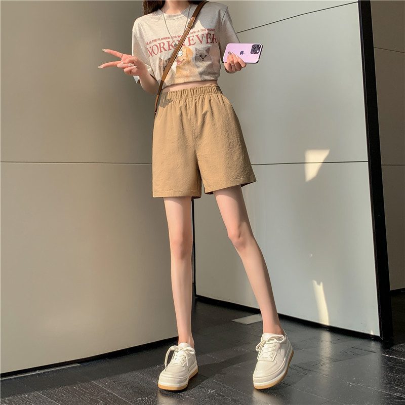 松紧高腰阔腿裤春夏日系百搭宽松显瘦休闲卡其色水洗棉短裤女夏季详情7