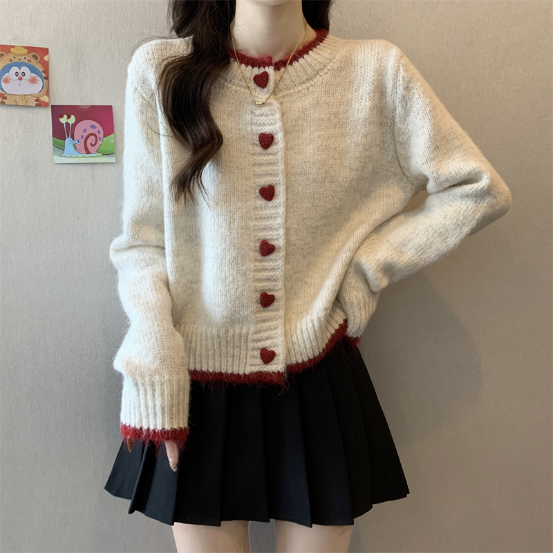 KANING拼色爱心纽扣针织开衫女2025早春新款慵懒风软糯毛衣外套女详情4