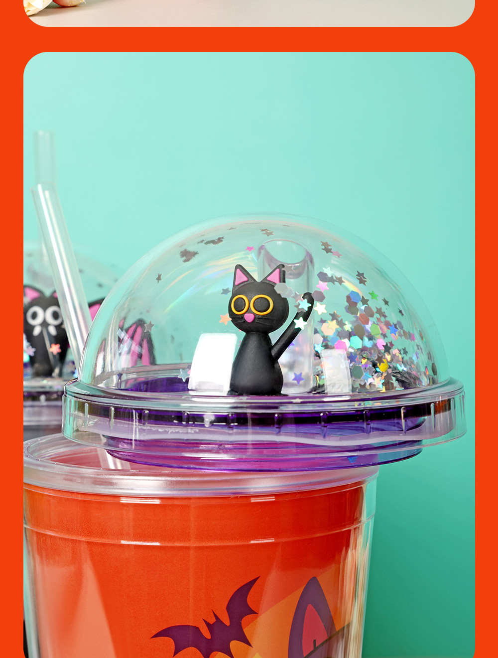 30013 450ml Halloween Micro-Landscape Cartoon Sequin Water Cup Double-layer Plastic Straw Cup Summer Ice Cup pic 17