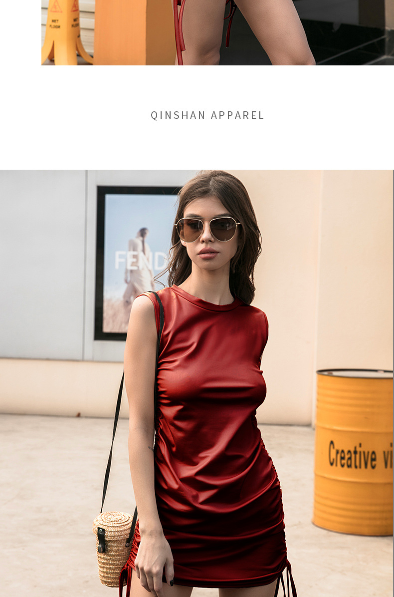 外贸欧美女装爆款紧身皮裙包臀性感辣妹抽绳欧美裙子连衣裙皮女秋详情12