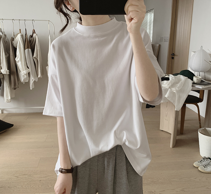 琪镌绘制半高领t恤女式春夏季新款宽松显瘦韩版简约半袖减龄棉质详情4