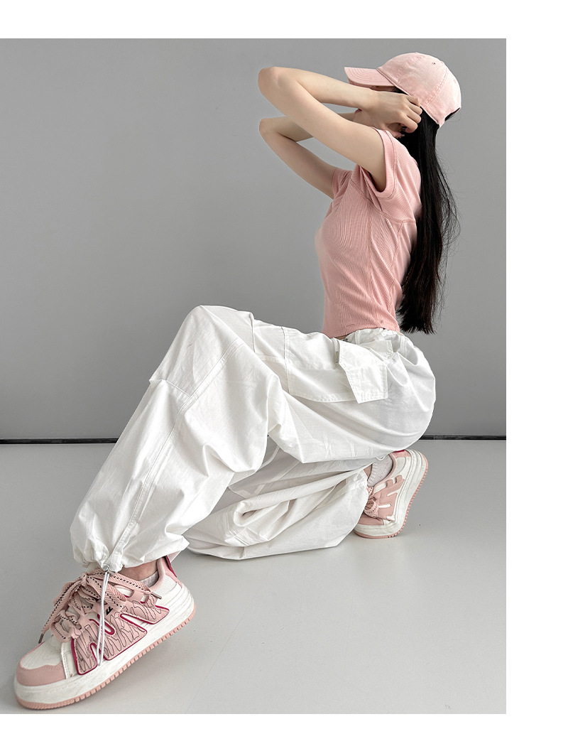 美式白色工装裤女夏季薄款潮流百搭宽松显瘦束脚休闲裤高腰运动裤详情12