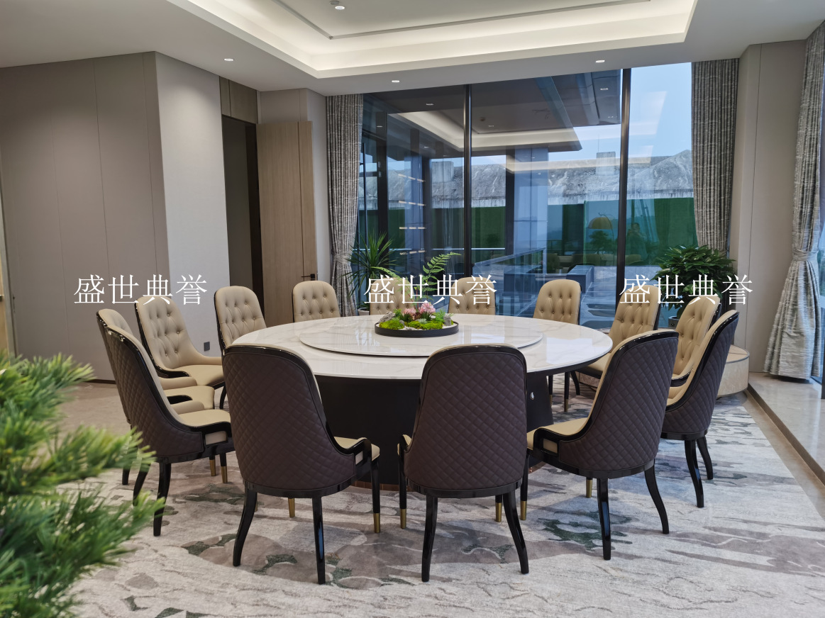 Solid wood furniture for five-star hotels in Hangzhou, seafood style, marble electric dining table, high-end club, light luxury large round table pic 15
